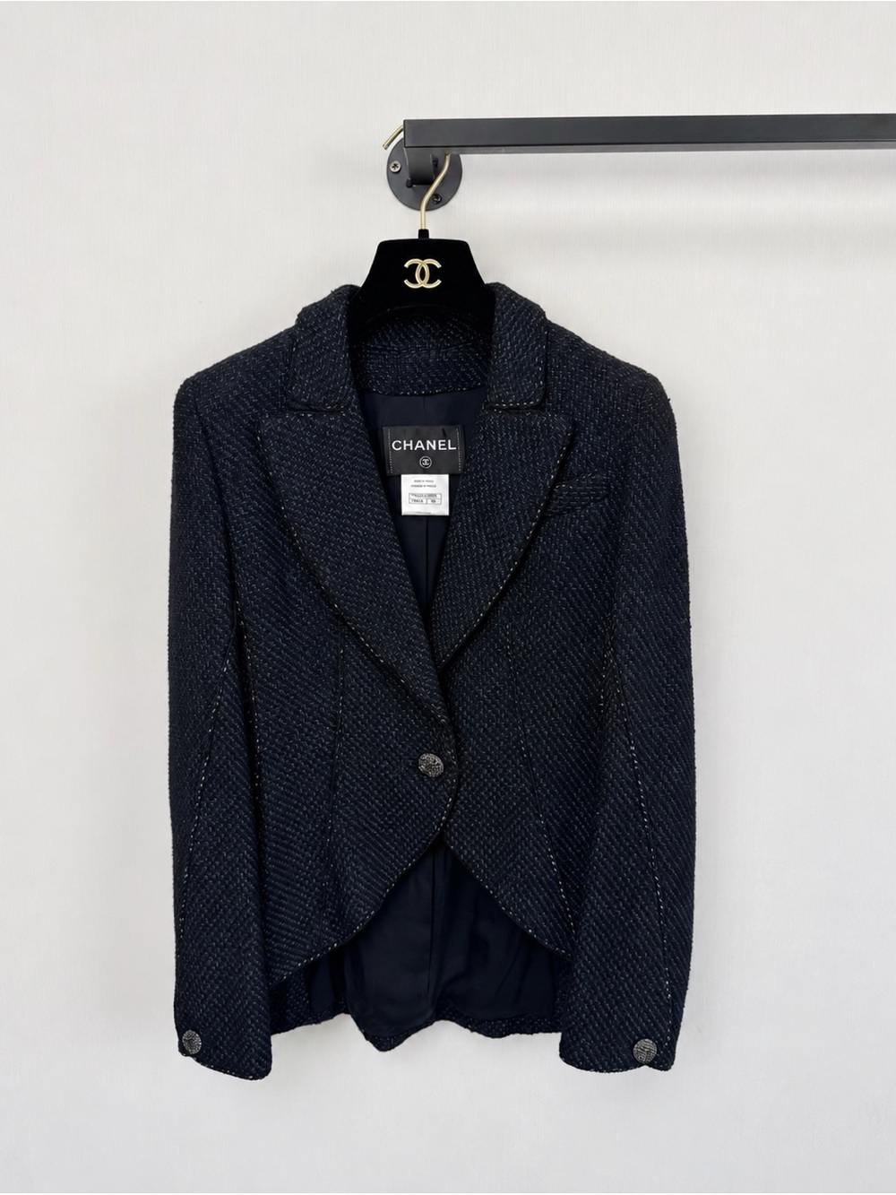 CHANEL Black Navy Tweed Cropped Blazer Jacket